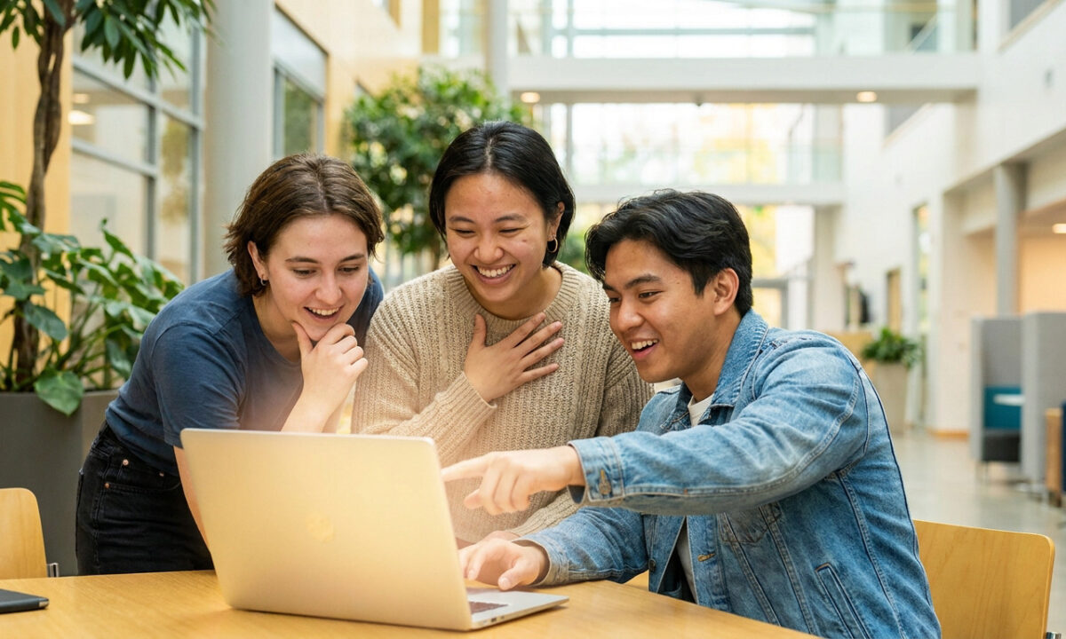 Trois étudiants joyeux regardent un écran d'ordinateur dans une bibliothèque lumineuse.