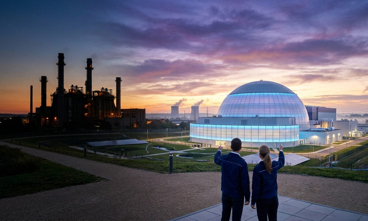 Deux personnes observent un dôme de centrale nucléaire moderne éclairé au coucher du soleil près d'une usine thermique.