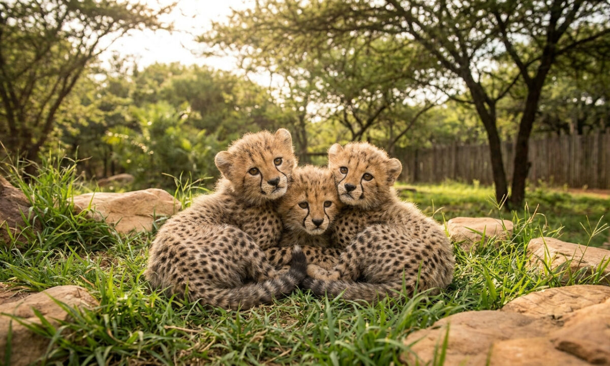 Trois jeunes guépards blottis les uns contre les autres dans l'herbe d'un parc zoologique.