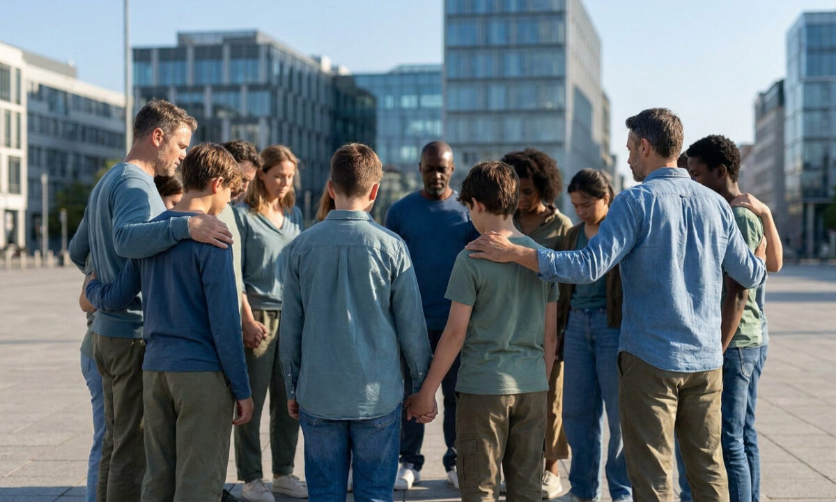 Un groupe diversifié de personnes se tient en cercle, se tenant par les épaules et les mains dans un espace urbain.