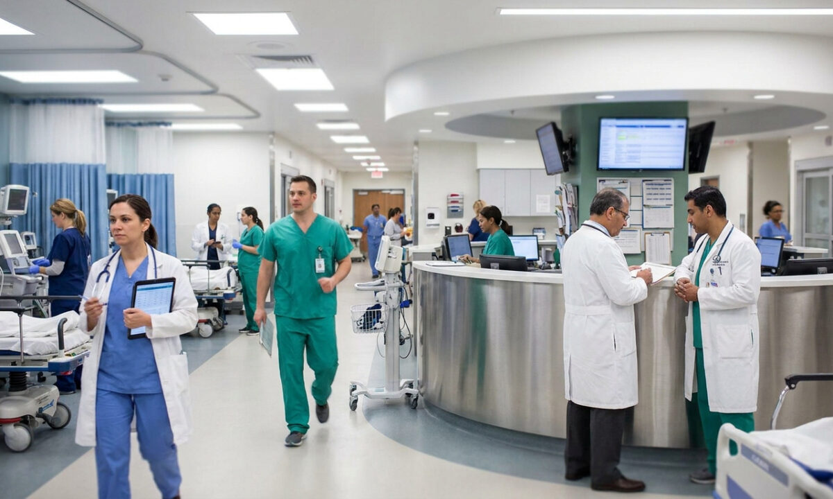 Personnel soignant actif dans le couloir et au comptoir central d'un service d'urgences hospitalier moderne.
