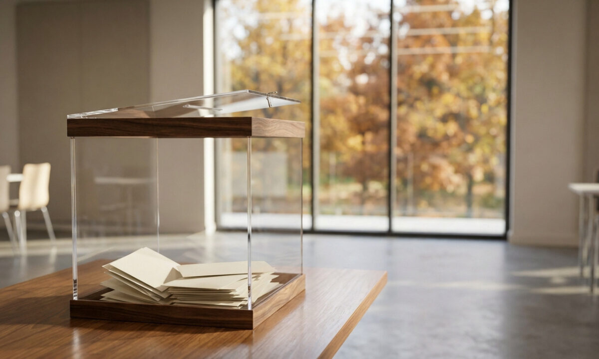 Une urne électorale transparente posée sur une table en bois dans une salle lumineuse.