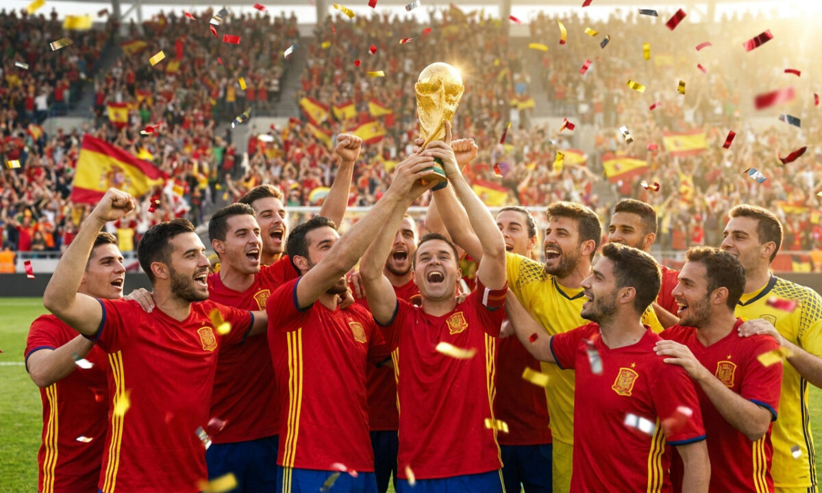L'équipe nationale d'Espagne de football célèbre avec le trophée de la Coupe du monde sous une pluie de confettis.