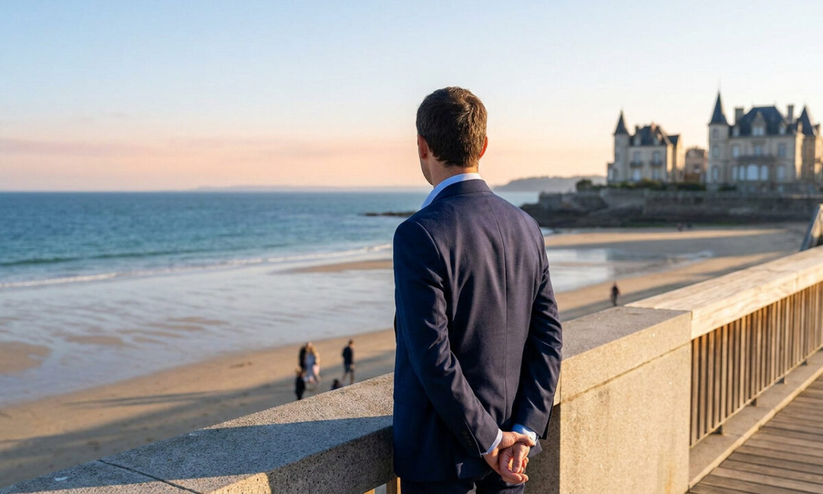 Édouard Philippe vu de dos, regardant la mer et une plage depuis une promenade en bord de mer.