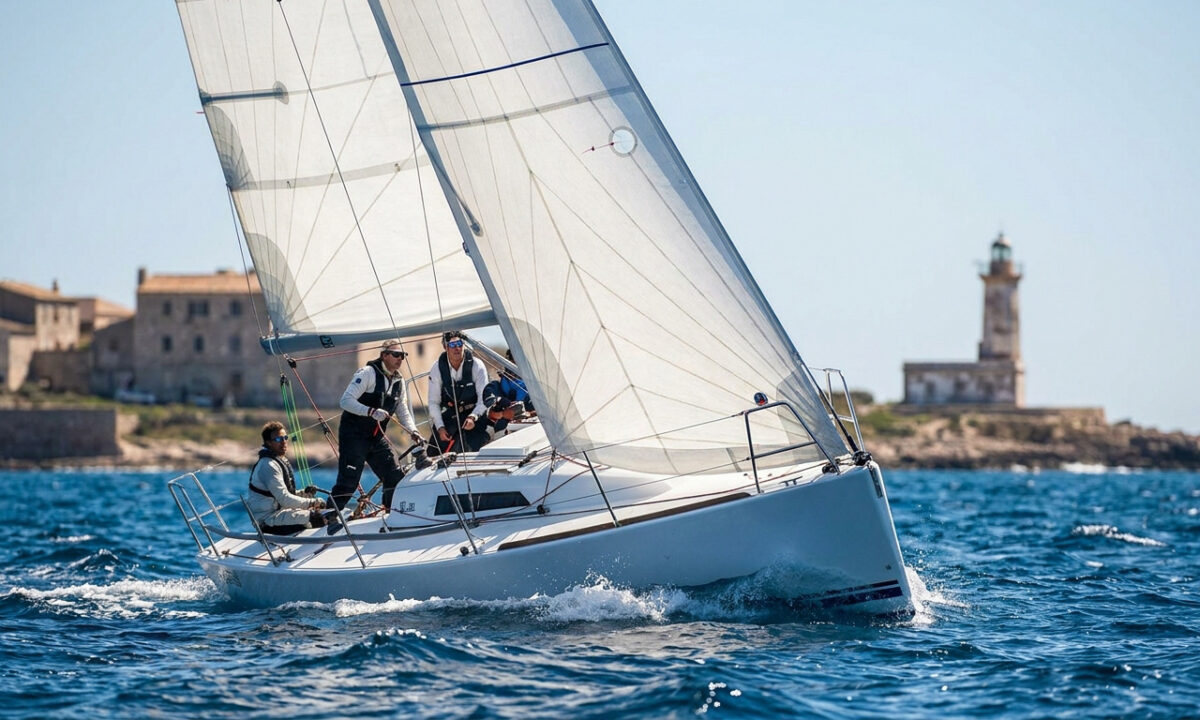 Voilier de course naviguant en mer avec un phare et des bâtiments anciens en arrière-plan.